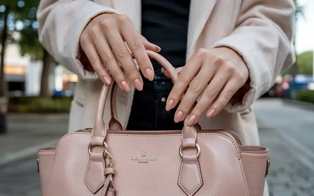 pastel shade warm peach colored shiny nails photographed with fashionable accessories.