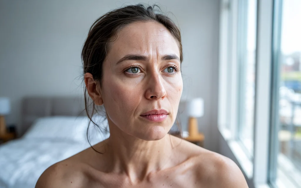 tired facial skin in natural morning light