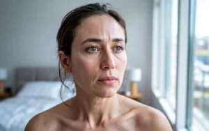 tired facial skin in natural morning light