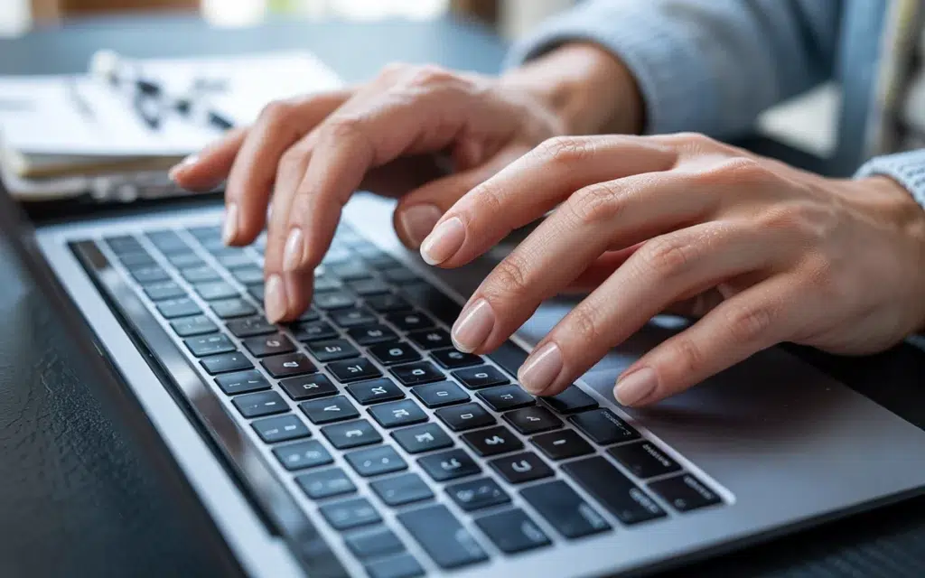 artificial nails vs gel: durable hybrid gel nails used during daily office work on a laptop.