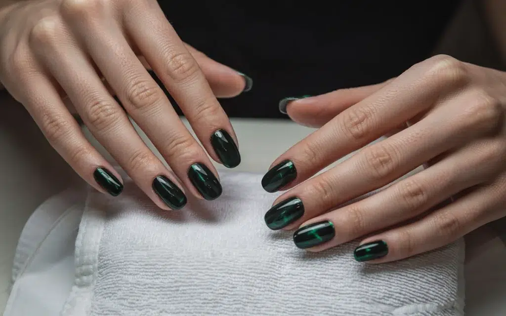 artificial nails vs gel: professional cat-eye gel manicure with 10-finger focus.