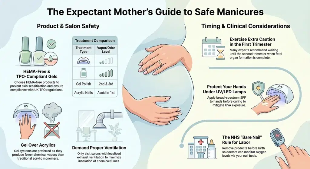 artificial nails pregnancy safety UK guide infographic chemical risks trimester advice 2026