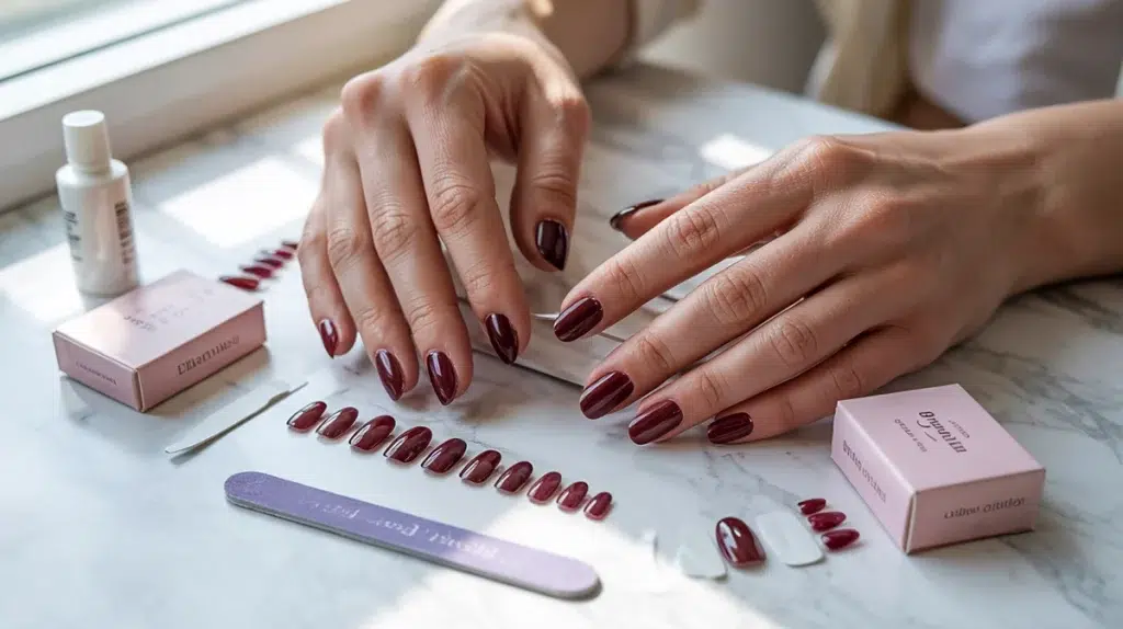 best long lasting press on nails brand comparison flatlay USA 2026 adhesive tab glue burgundy almond