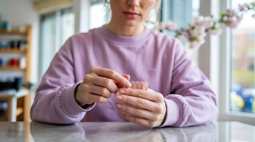 best long lasting press on nails application technique at home USA spring 2026 nude almond DIY manicure