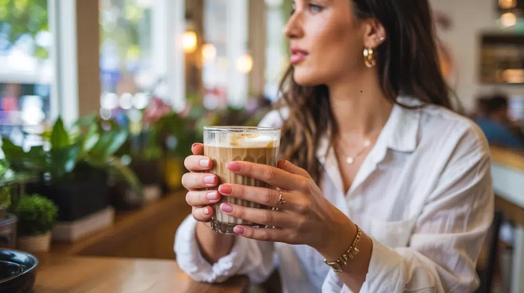 best long lasting press on nails lifestyle wear Los Angeles spring 2026 pastel pink square coffee shop