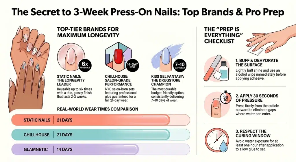 best long lasting press on nails USA top 10 brand durability comparison infographic 2026
