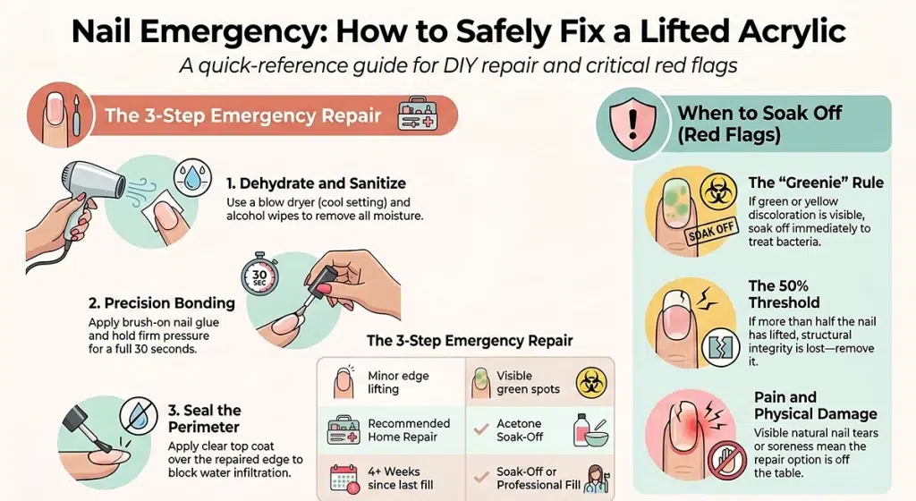 fix lifted acrylic nail at home step by step emergency repair guide infographic USA 2026