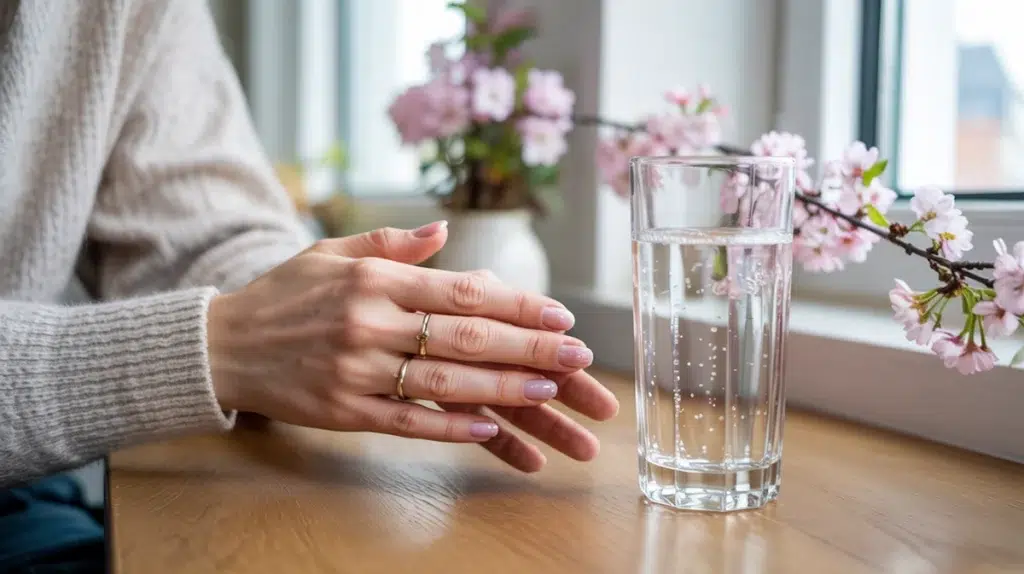 HEMA-free gel polish manicure in lavender on a woman's hand in a sunny London apartment.