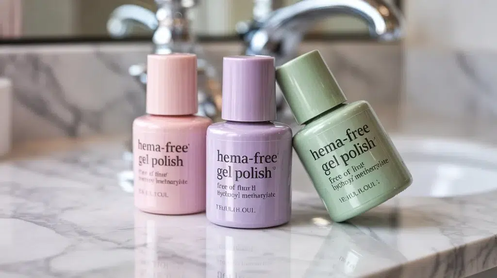 Close-up of HEMA-free gel polish bottles showing the clean ingredient labels.