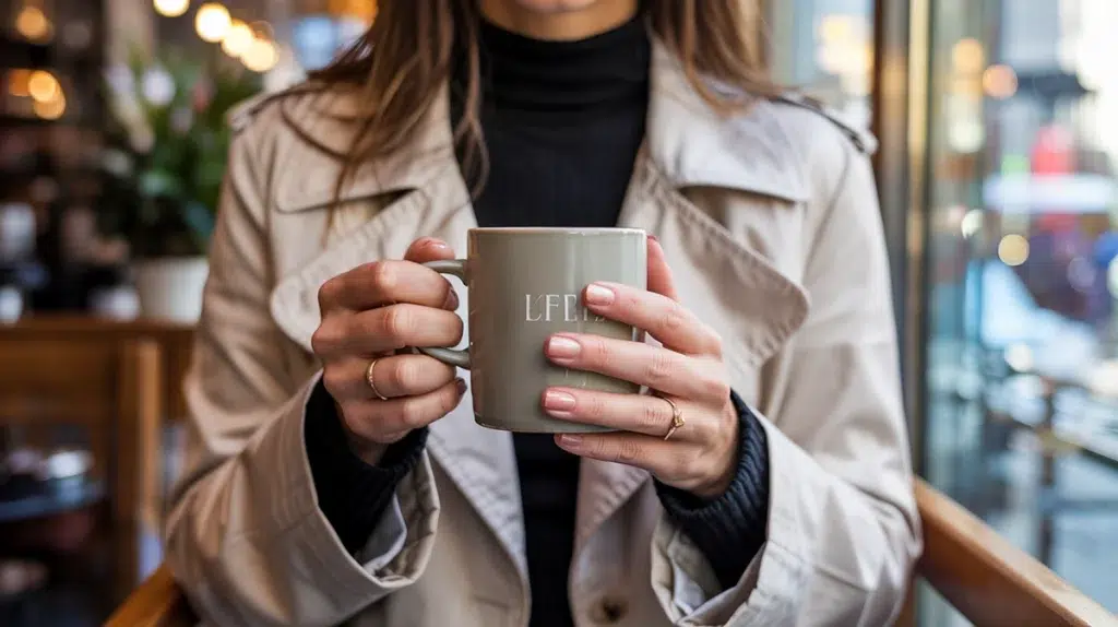 Woman with a HEMA-free gel polish manicure enjoying coffee in a New York City cafe