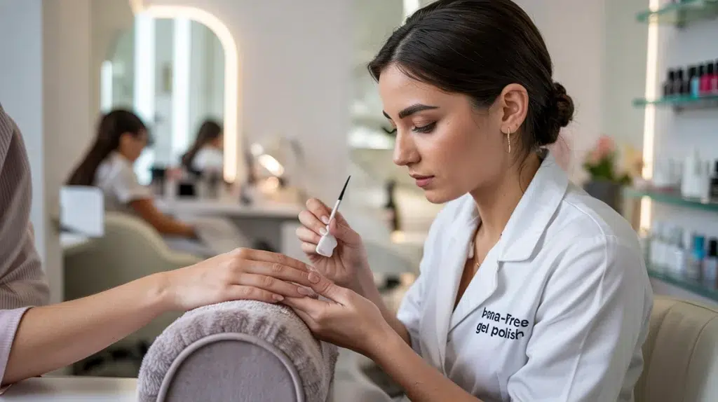 Professional application of HEMA-free gel polish in a high-end London nail salon.