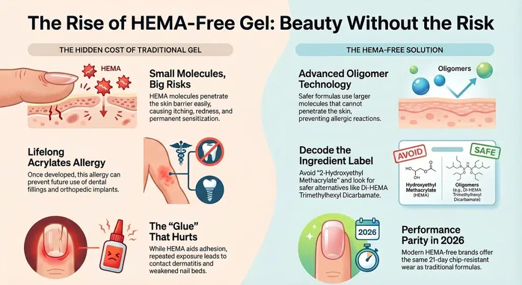 Infographic showing the molecular difference between small HEMA monomers and larger, safer HEMA-free oligomers.
