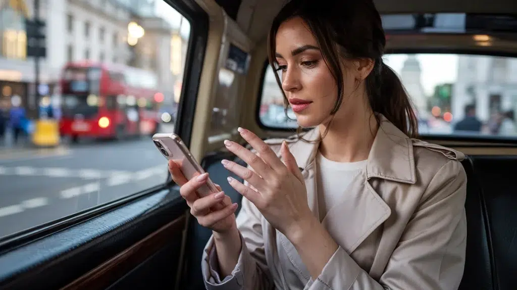 A natural look press-on manicure being worn by a professional woman in London.