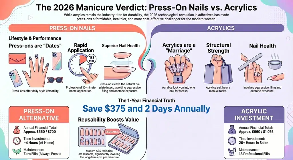 Infographic organizing the 2026 cost-benefit data between press-ons and acrylics, highlighting price, time, and damage levels.