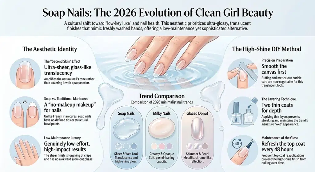 soap nails trend 2026 infographic showing sheer polish technique and shine finish steps